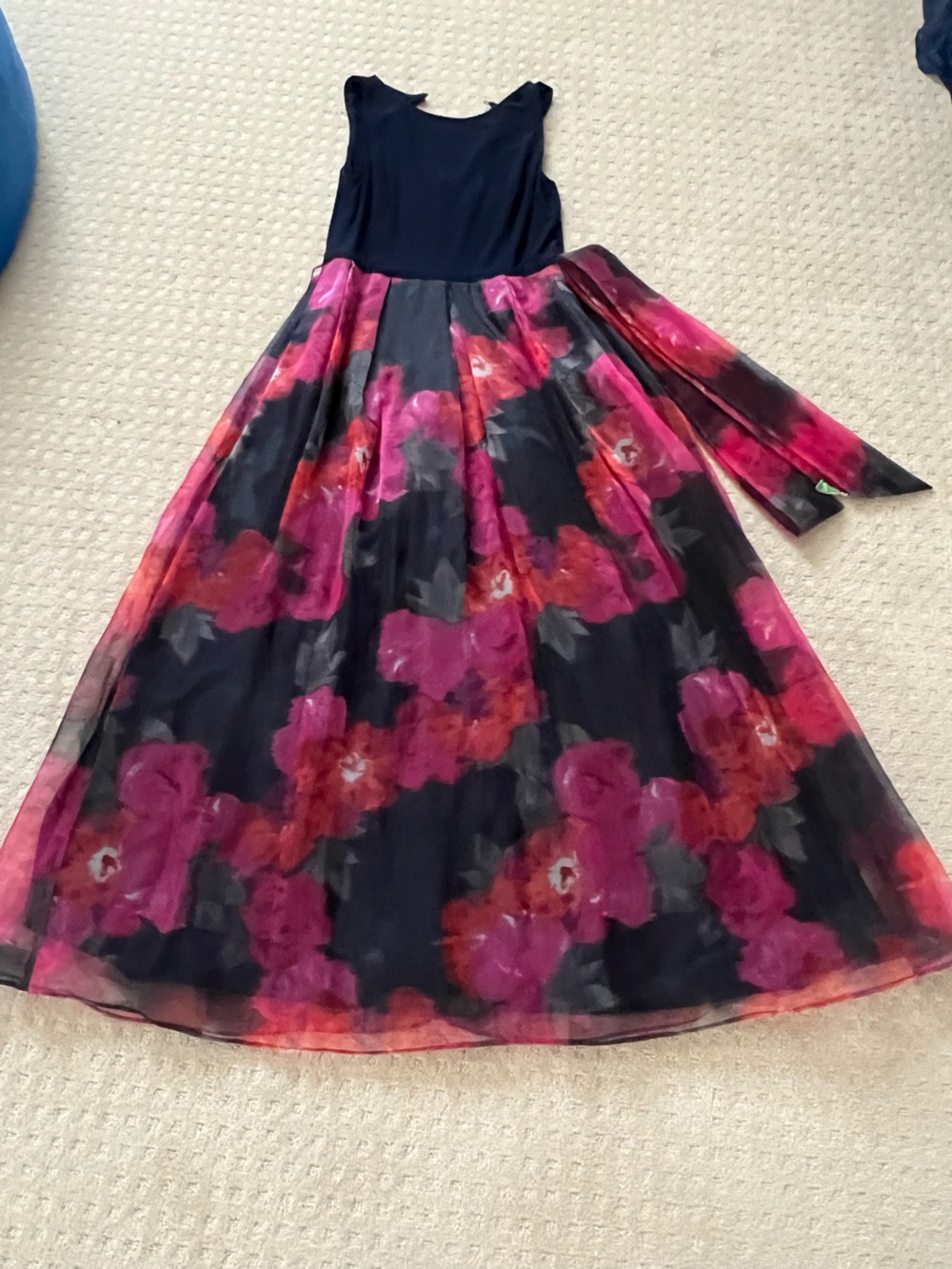 Eliza J Navy Dress with Pink Floral Skirt